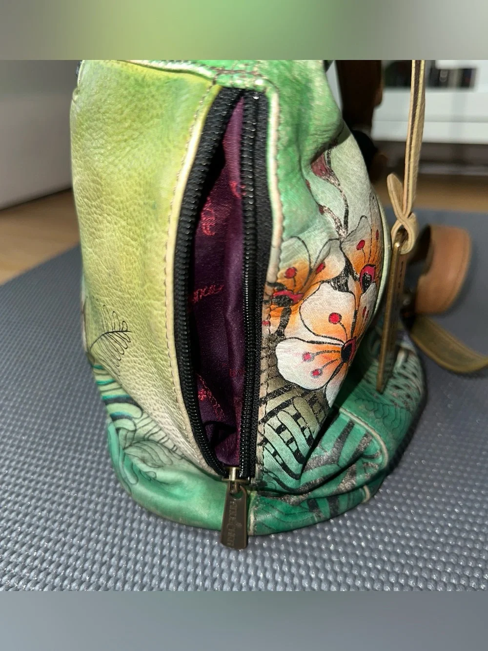 Anuschka Hand Painted Genuine Leather Hobo Shoulder Bag Peacock Floral